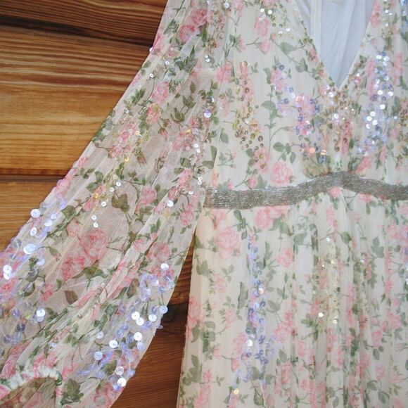 Mac Duggal 93788 Floral Beaded Sequin Midi Dress White Multi Size 16 - Picture 10 of 14